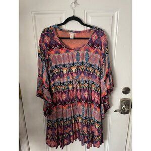 Klozlyne Boho Gypsy Flowy Dress Sz 1X Multicolor Angel Wing Sleeves Aztec Print